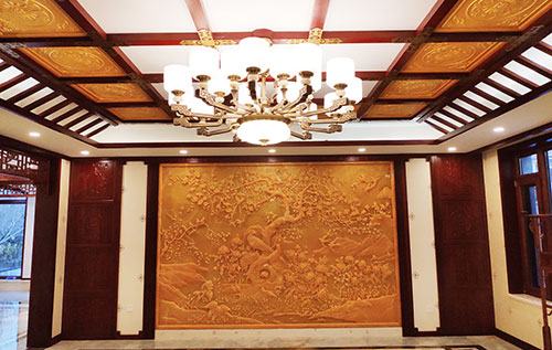 呈贡中式别墅客厅中式木作横梁吊顶装饰展示